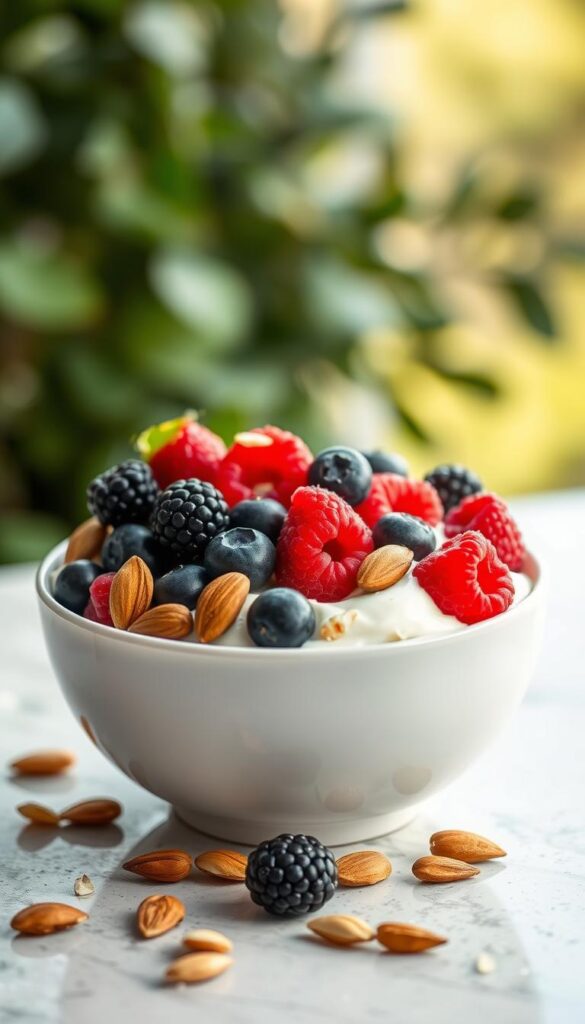 Greek yoghurt power bowl with mixed berries and nuts