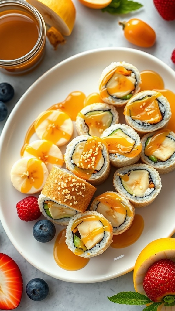 A plate of peanut butter banana sushi rolls with fresh berries and sauce