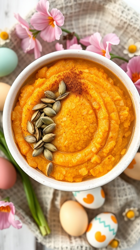 A bowl of pumpkin spice overnight oats topped with pumpkin seeds.