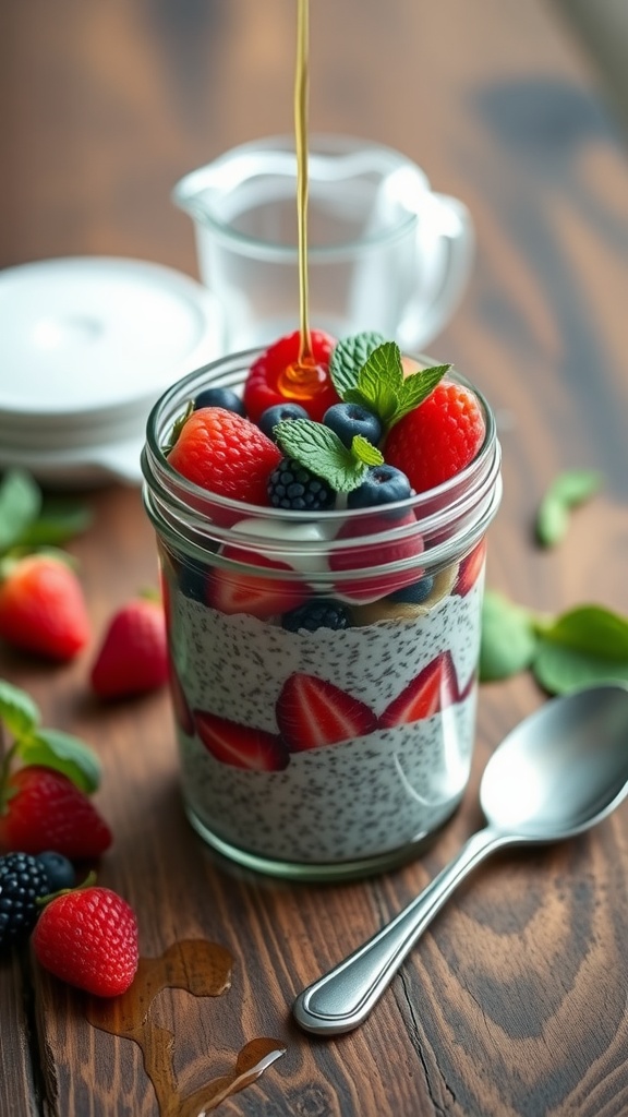 A jar of chia seed pudding topped with strawberries, blueberries, and raspberries, with honey being drizzled on top.