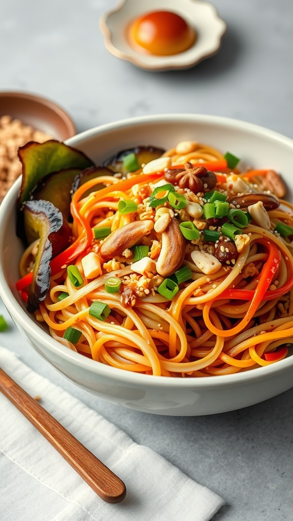 A bowl of ramen noodle salad topped with colorful vegetables and nuts.