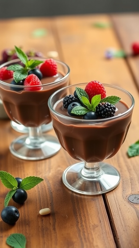 Two servings of chocolate avocado mousse topped with berries and mint on a wooden table.