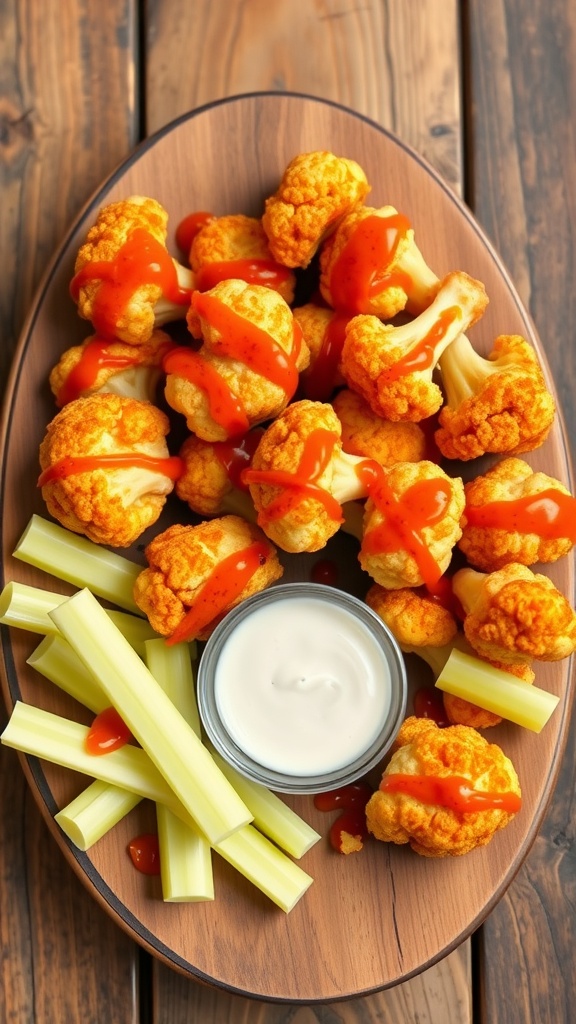 A platter of Cauliflower Buffalo Wings drizzled with hot sauce, accompanied by celery sticks and a small bowl of ranch dressing.