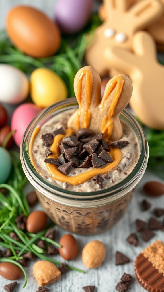 A jar of chocolate peanut butter overnight oats topped with chocolate chips and a cookie.