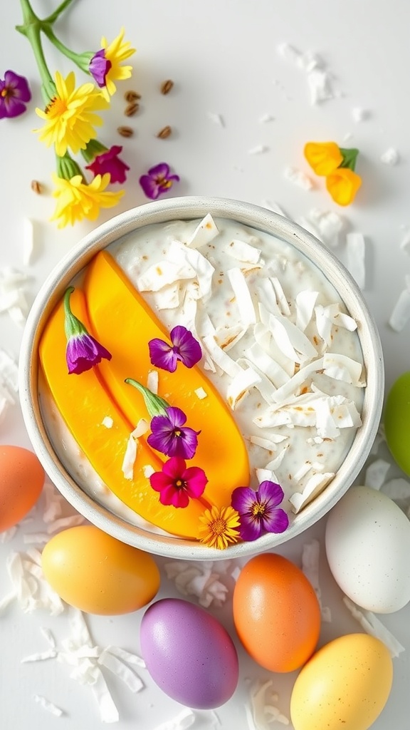 A bowl of coconut cream overnight oats topped with mango slices, shredded coconut, and edible flowers, surrounded by colorful Easter eggs.