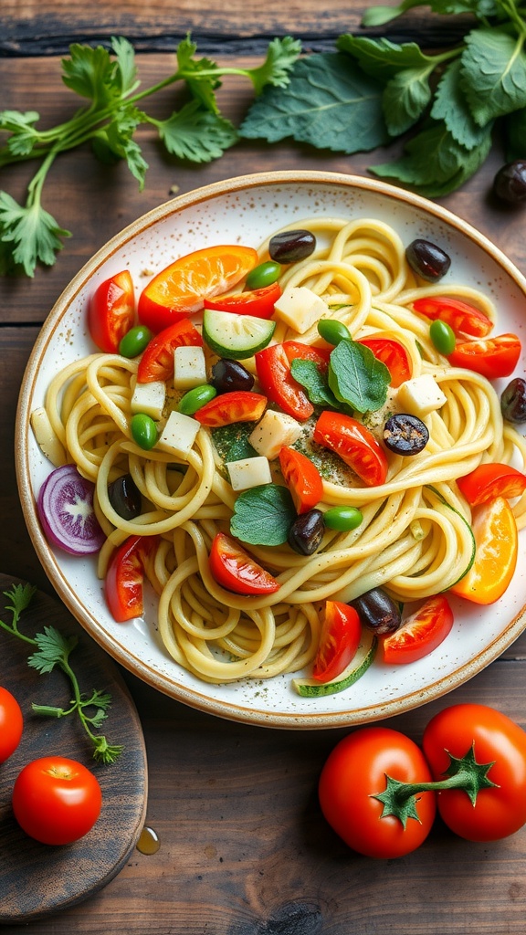 A plate of zucchini noodles topped with cherry tomatoes, olives, and fresh herbs.