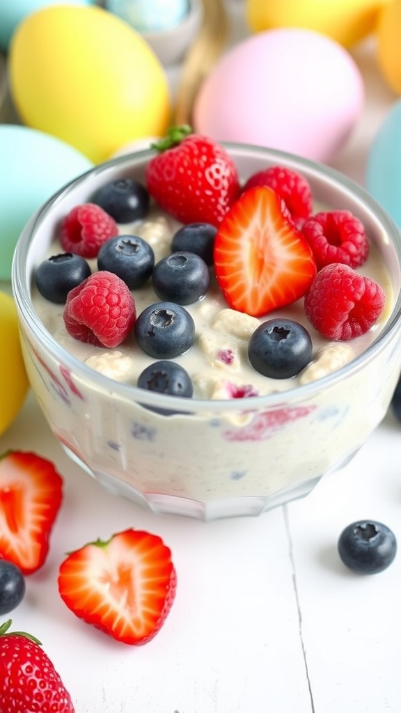 Berry Bliss Overnight Oats with strawberries, blueberries, and raspberries