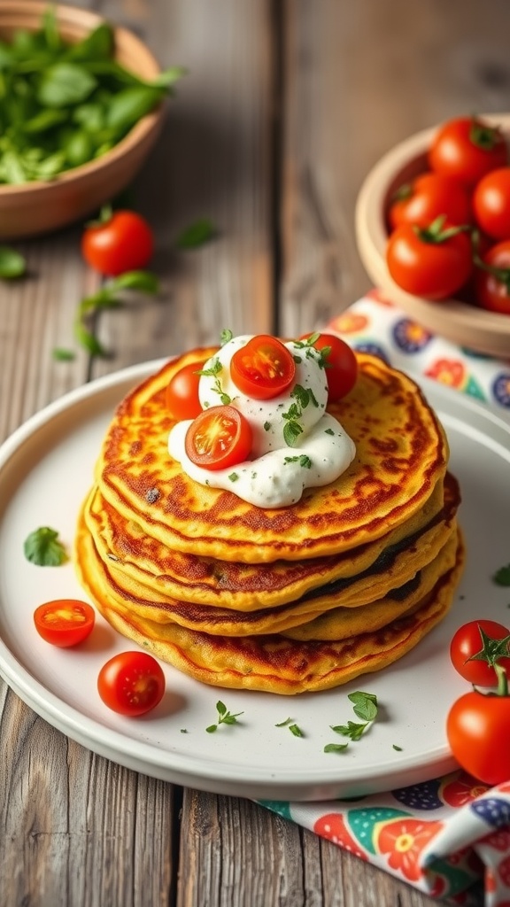 A stack of chickpea pancakes topped with yogurt and cherry tomatoes, served on a plate.