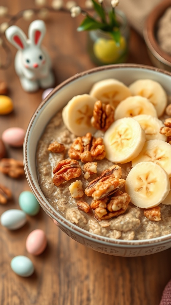 A bowl of banana bread overnight oats topped with bananas and walnuts.