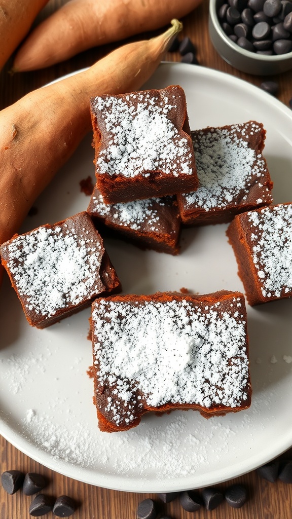 A plate of sweet potato brownies dusted with powdered sugar, surrounded by sweet potatoes and chocolate chips.