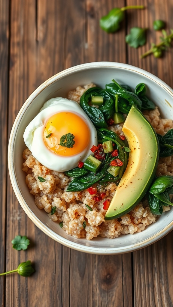 A bowl of savory oatmeal topped with a poached egg, avocado, and spinach.