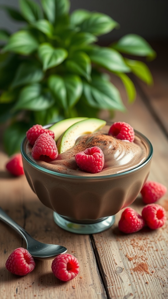 A bowl of creamy avocado chocolate pudding garnished with raspberries and green apple slices.