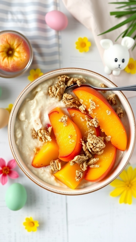 Bowl of peach cobbler overnight oats topped with peach slices and granola.