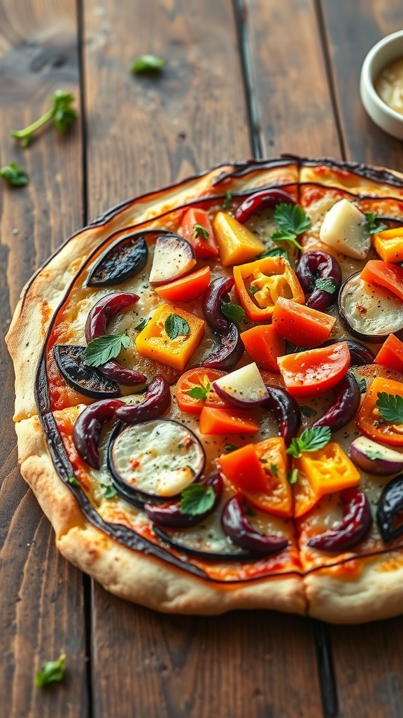 A delicious eggplant pizza topped with colorful vegetables on a wooden table.