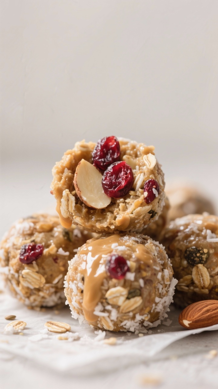 Close-up detail: A cluster of finished Cranberry Almond Energy Bites resting on parchment, one bite 