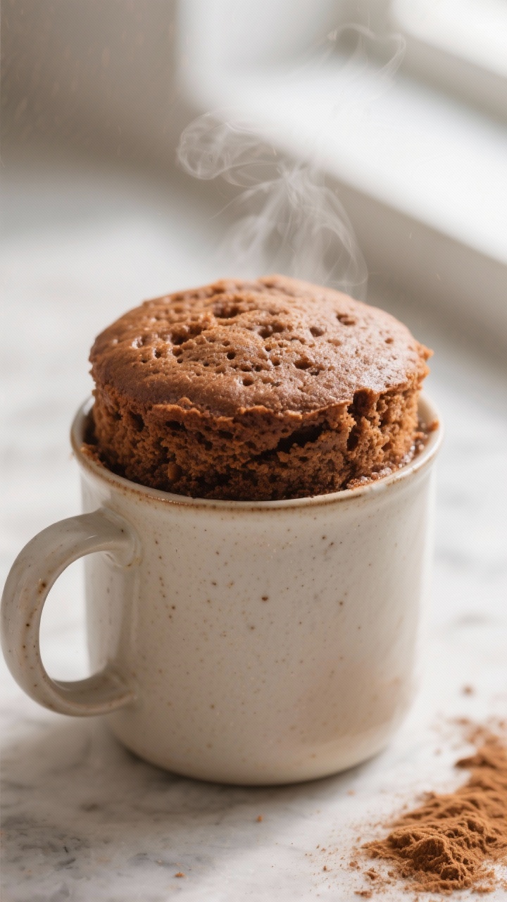 Close-up detail: A freshly microwaved keto gingerbread mug cake just set and risen above the rim of 