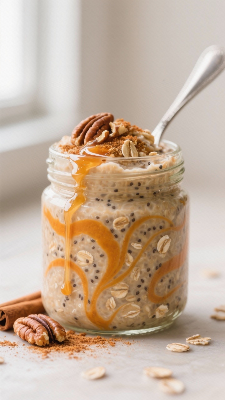 Close-up detail: A jar of Pumpkin Pie Protein Overnight Oats just stirred after chilling, creamy and