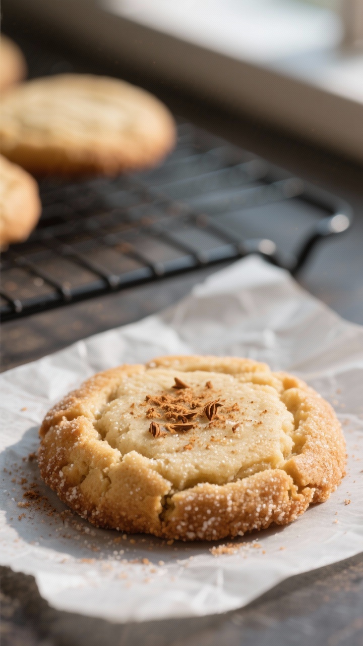 Close-up detail: A just-baked eggnog snickerdoodle cookie resting on parchment, edges lightly crisp