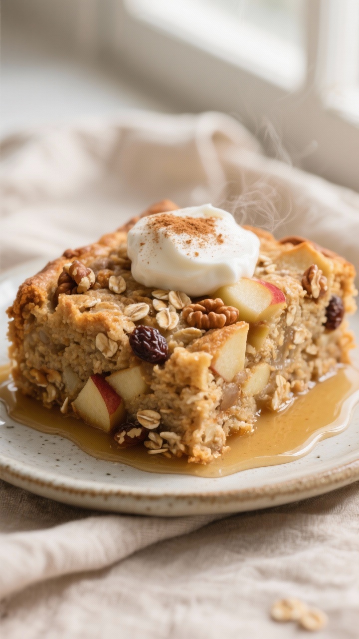 Close-up detail: A just-baked square of Cinnamon Apple Baked Oatmeal on a small ceramic plate, edges