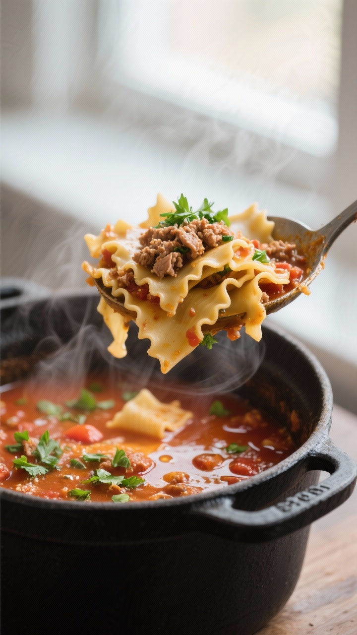 Close-up detail: A ladle lifting hearty lasagna soup from a simmering pot, showing tender broken las