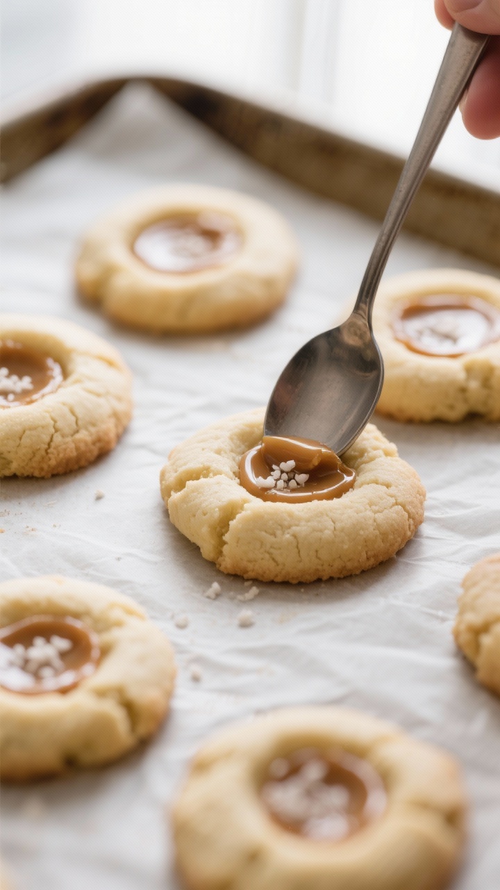 Close-up detail: Freshly baked salted caramel thumbprint cookies just out of the oven with shallow w