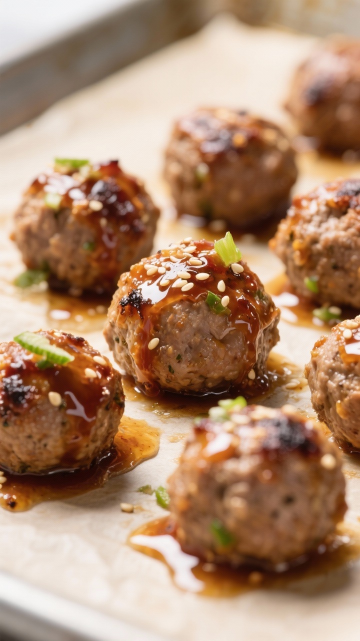 Close-up detail: Glazed honey chipotle turkey meatballs fresh from the oven, tossed in a glossy, sti
