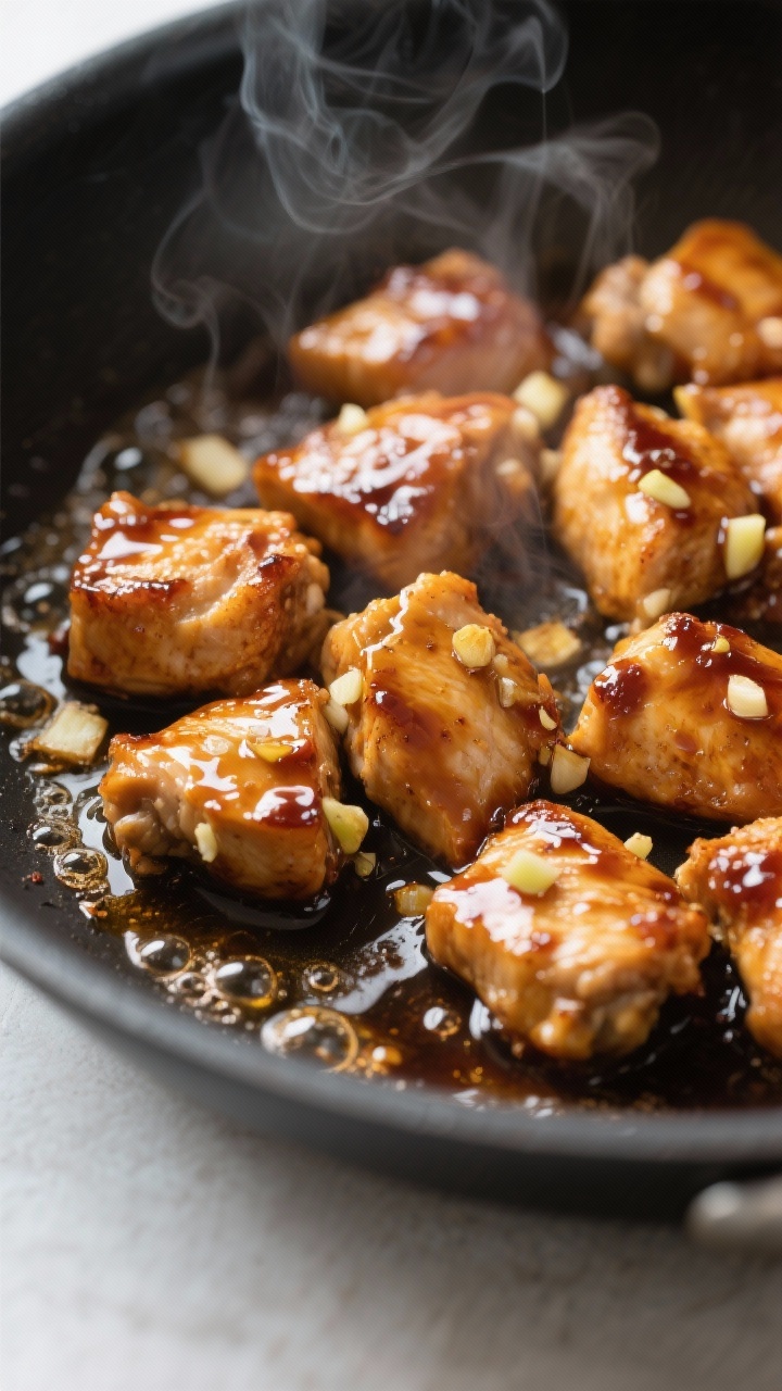 Close-up detail: Glazed teriyaki chicken bites sizzling in a skillet just after the cornstarch slurr