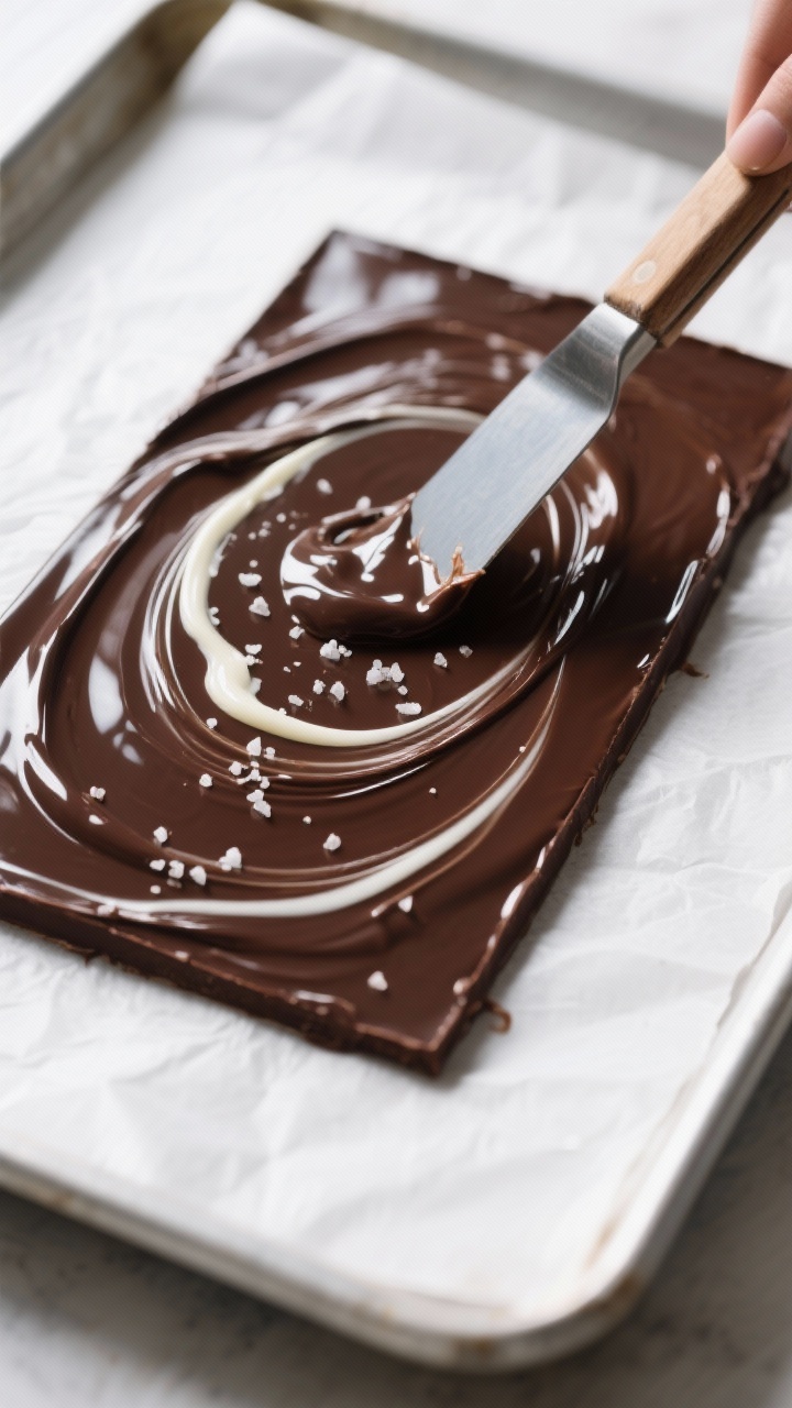 Close-up detail: Melted dark chocolate being spread into a thin 10x12-inch rectangle on parchment, g