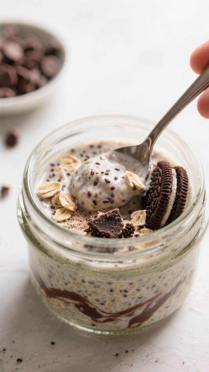 Close-up detail, process shot: Thick, creamy cookies & cream protein overnight oats being stirred in