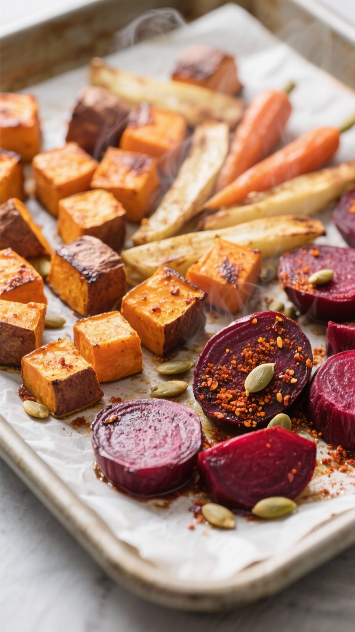 Close-up detail: Roasted root vegetables just out of the oven—caramelized sweet potato cubes, gold