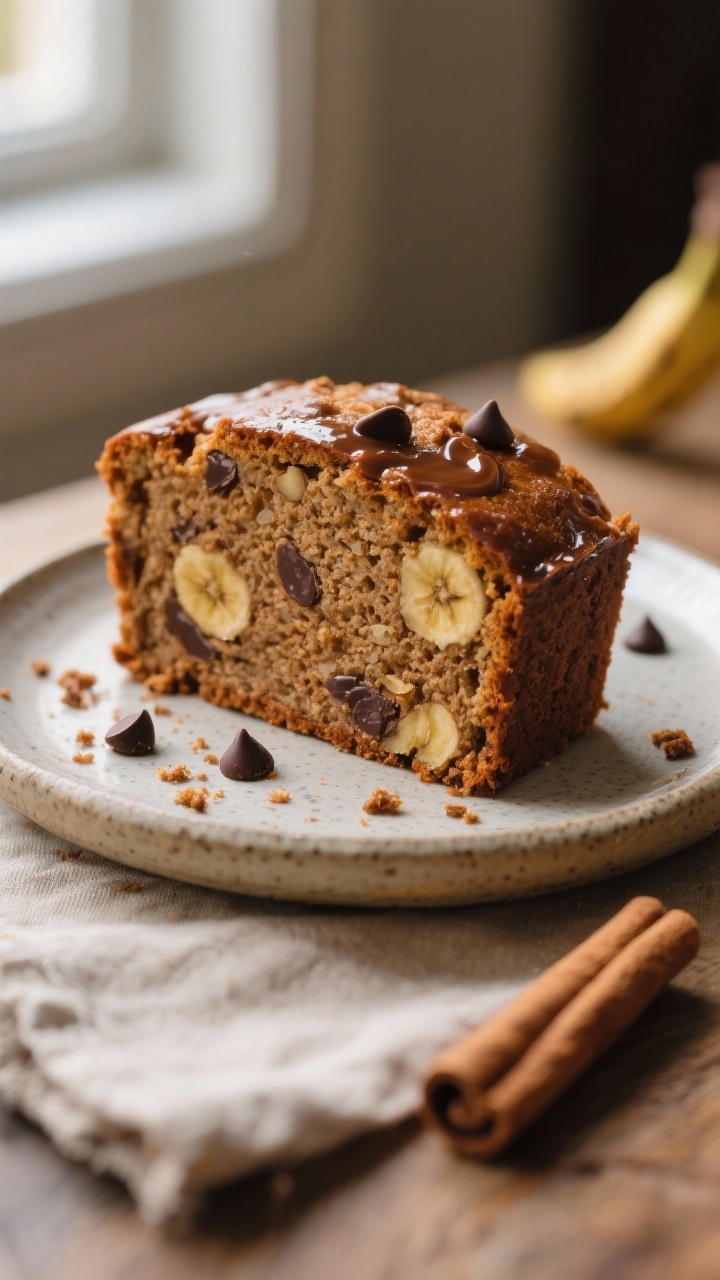 Close-up detail shot: A freshly baked slice of gingerbread protein banana bread on a small stoneware