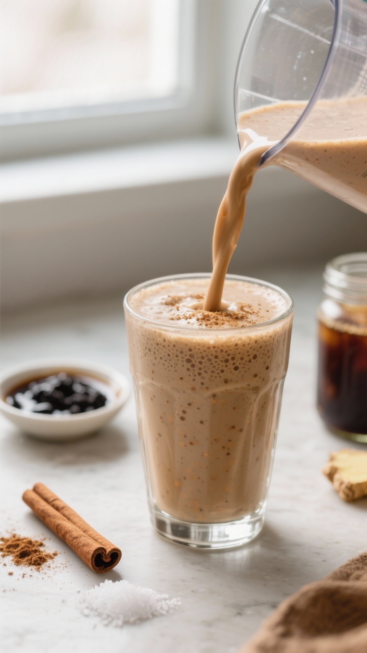 Close-up detail shot: A freshly blended Gingerbread Latte Protein Smoothie being poured in a silky r