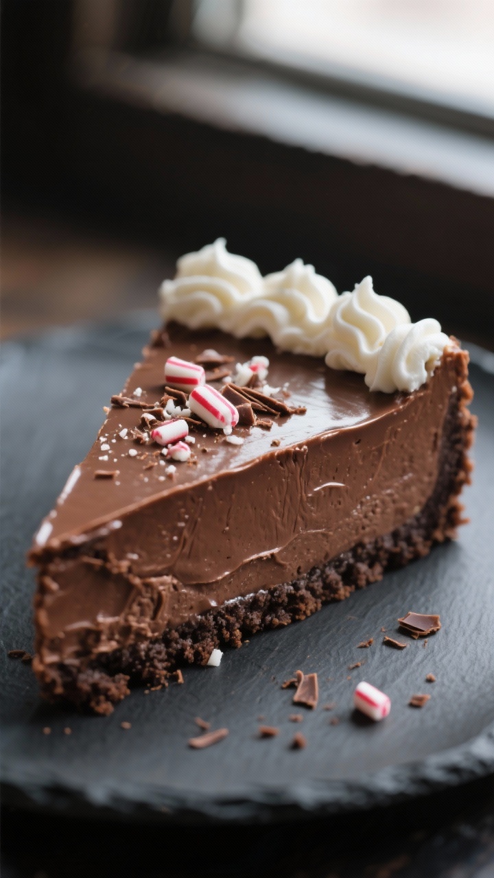 Close-up detail shot: A glossy slice of Low-Sugar Peppermint Chocolate Cheesecake just after the fir