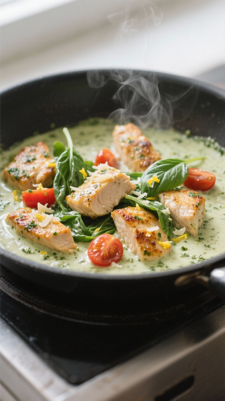 Close-up detail shot: Bite-size seared chicken pieces being folded into a silky Greek-yogurt pesto s