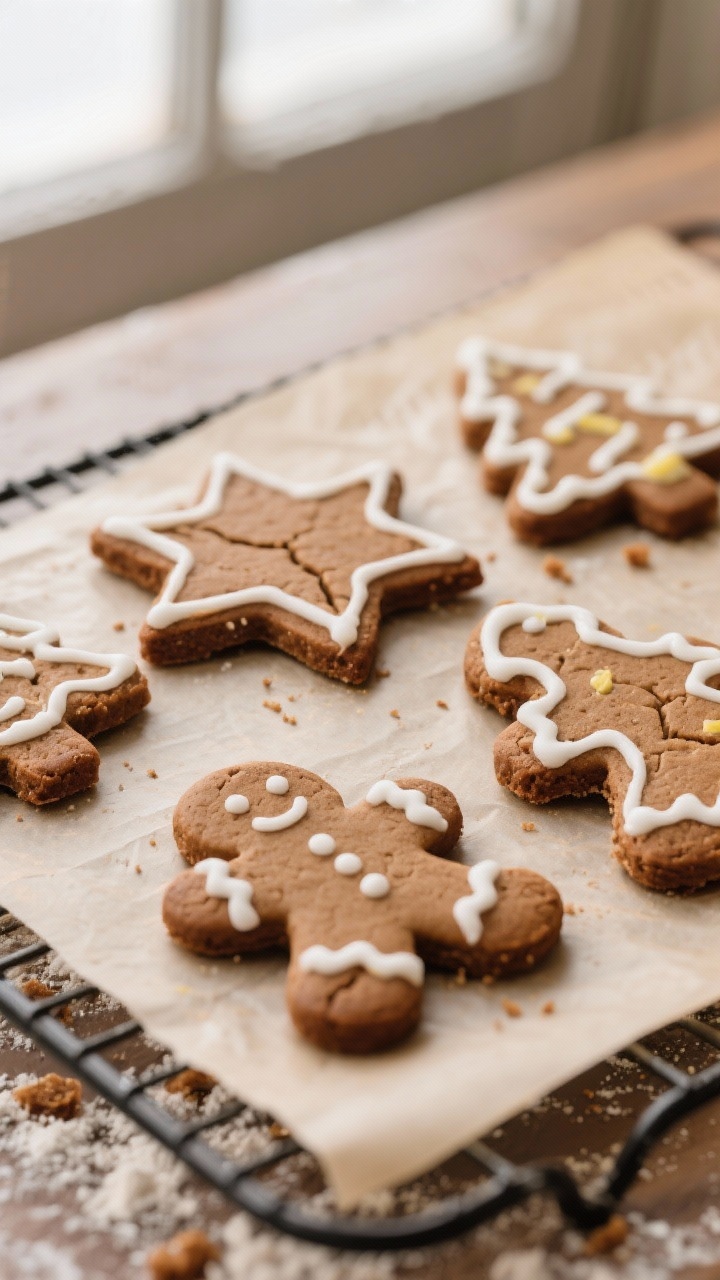 Close-up detail shot: freshly baked gluten-free gingerbread cut-outs (stars, trees, and gingerbread