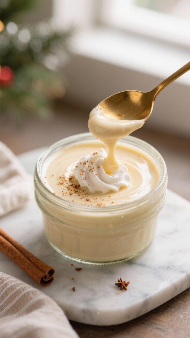 Close-up detail shot of chilled Keto Eggnog Protein Pudding just after setting, spoon carving a silk