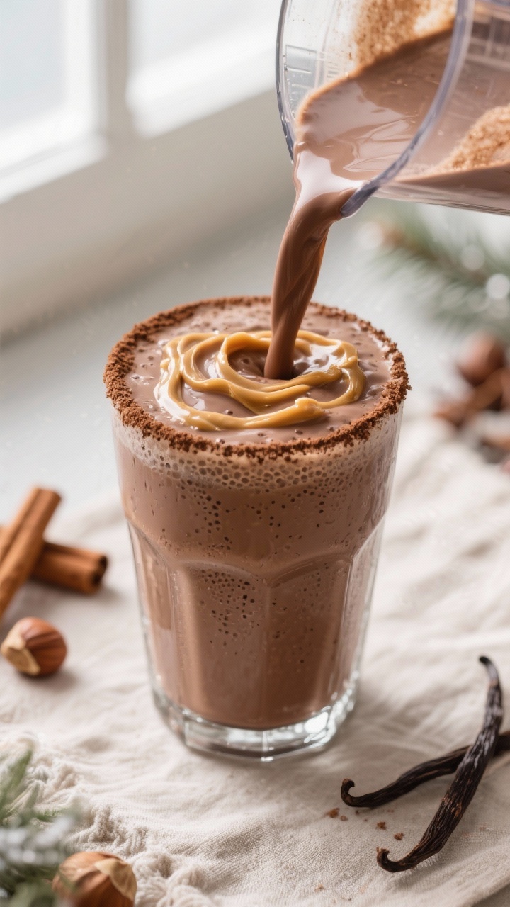 Close-up detail shot of the finished Chocolate Hazelnut Protein Holiday Shake being poured from a bl