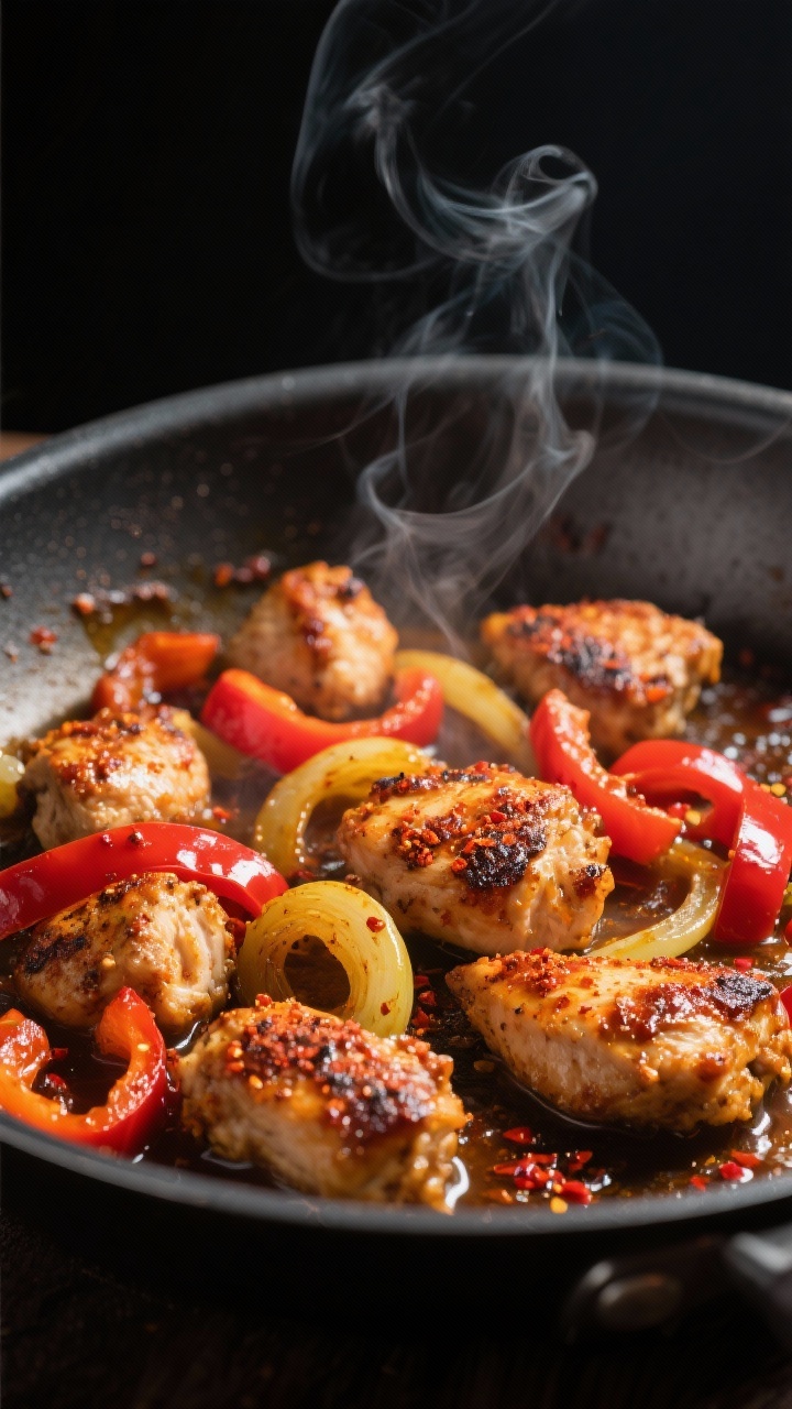 Close-up detail shot: Sizzling Cajun-seasoned chicken bites and sautéed red bell peppers and yellow