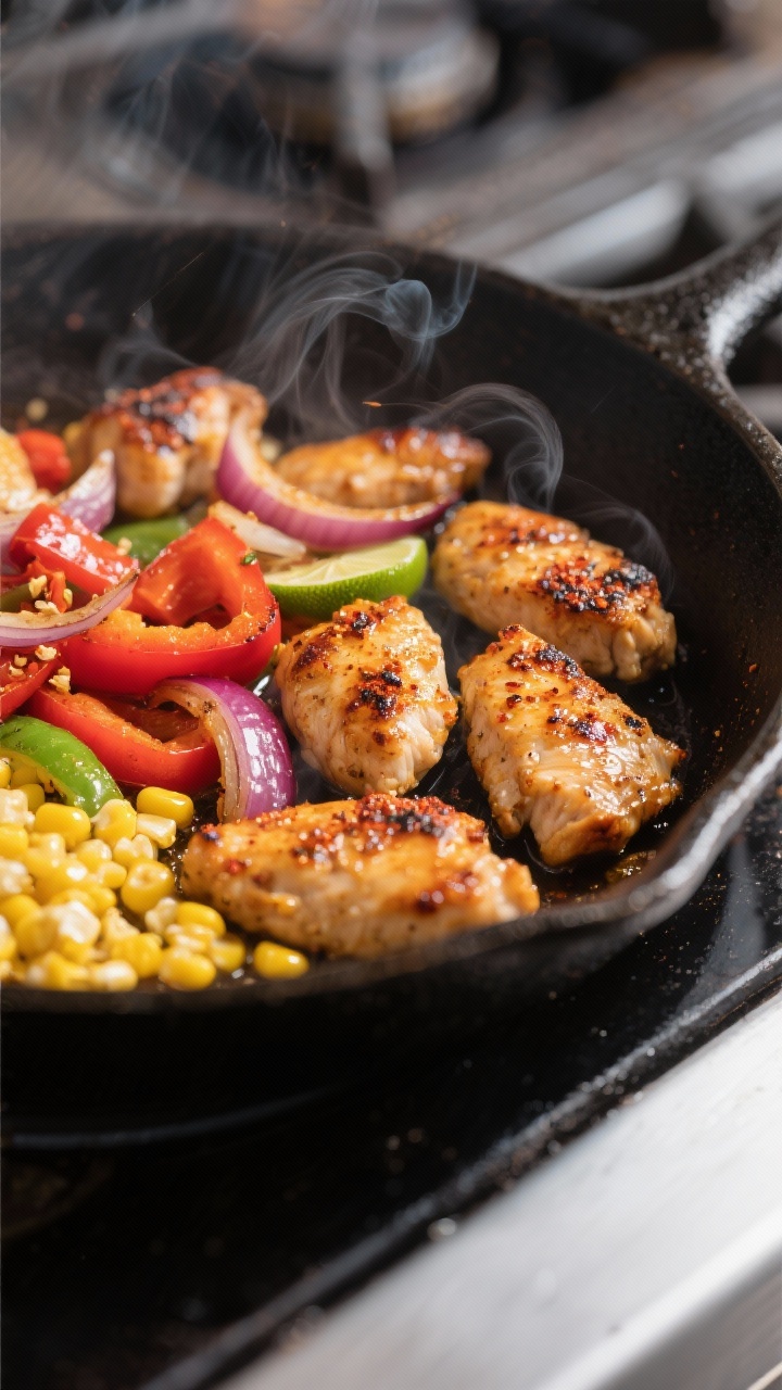 Close-up detail: Sizzling chili-lime chicken bites in a skillet, golden-browned edges with visible c