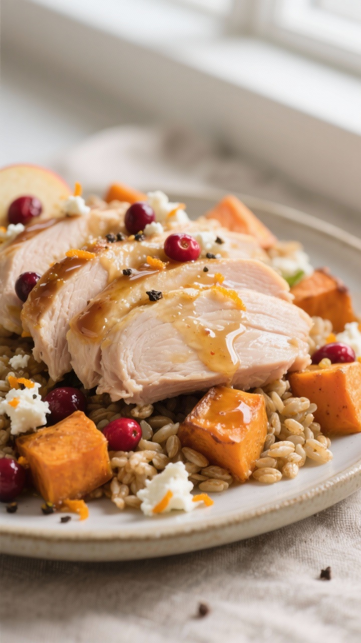 Close-up detail: Tender cooked turkey breast tossed with a glossy apple-cider-Dijon vinaigrette, min