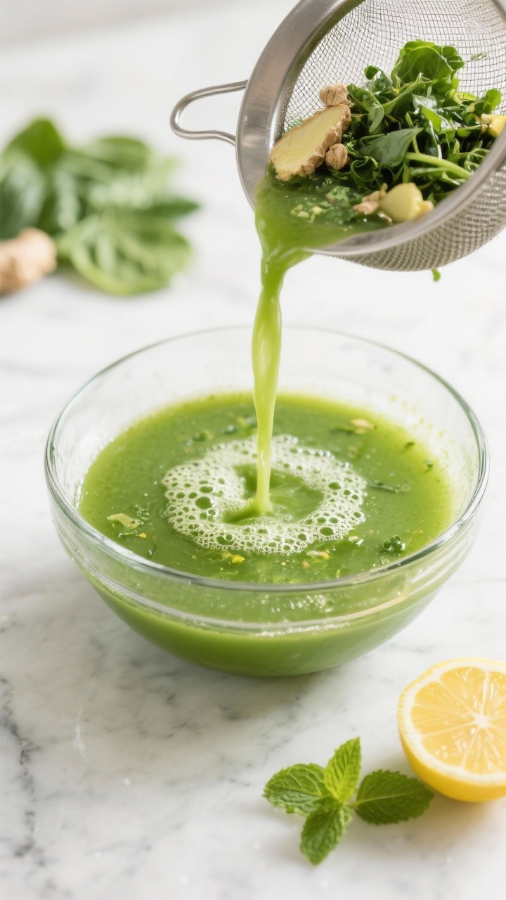 Close-up detail: Vibrant green Winter Citrus Detox Juice being poured through a fine mesh strainer i