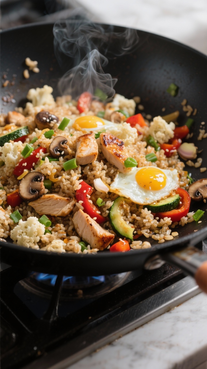 Cooking process — Cauliflower keto fried rice sizzling in a large black wok over medium-high heat,