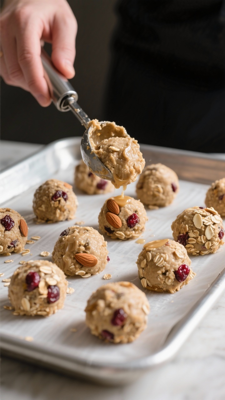 Cooking process: Chilled mixture being scooped and rolled into uniform 1 to 1 1/4 inch balls on a li