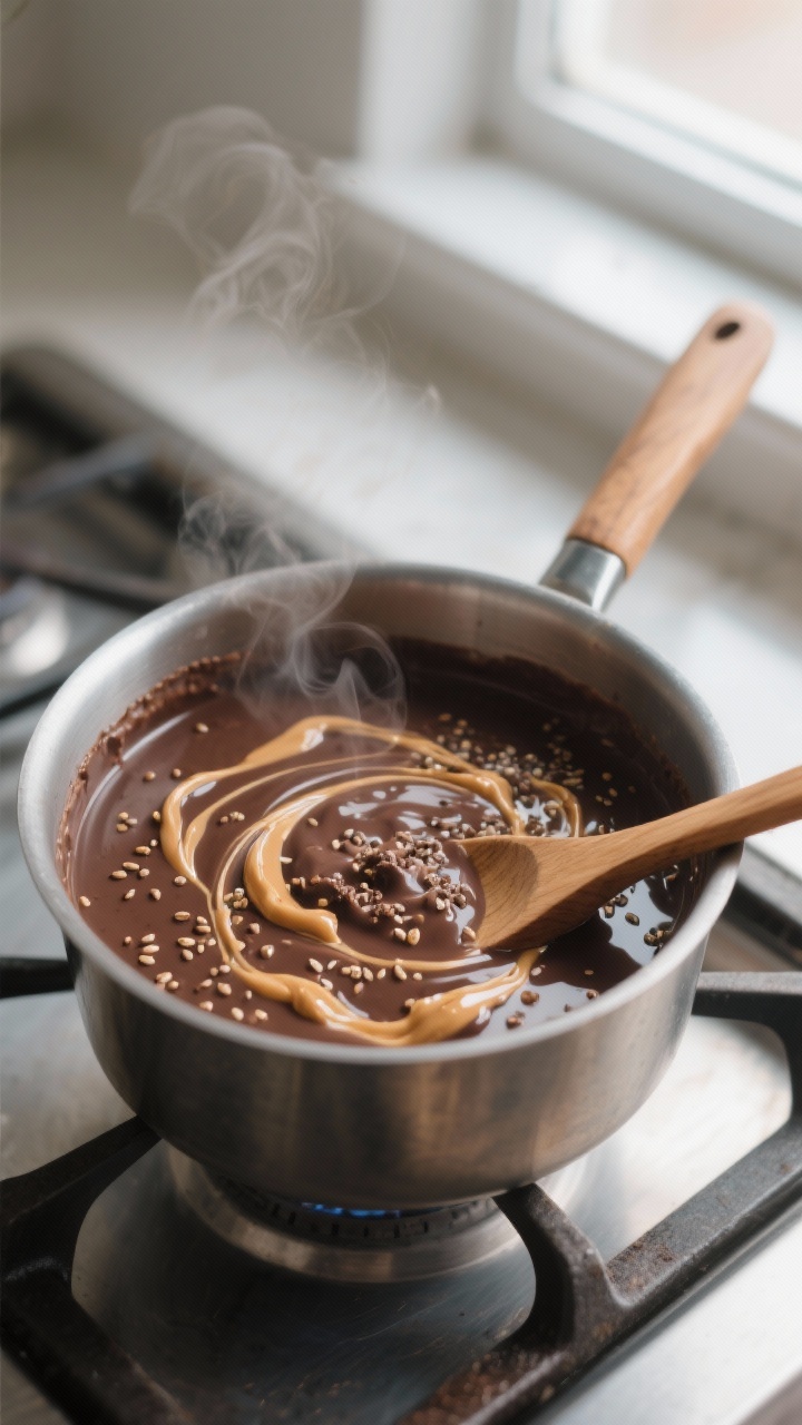 Cooking process close-up: A small saucepan of creamy chocolate protein oats simmering on medium heat