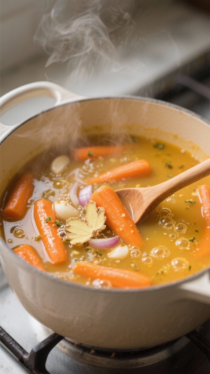 Cooking process close-up: A steaming pot of ginger carrot soup mid-simmer, carrots tender and just s