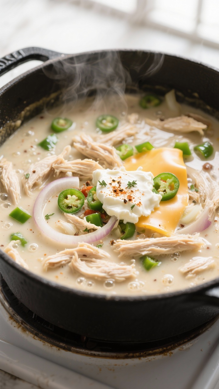 Cooking process, close-up detail: A steaming pot of keto white chicken chili mid-simmer, showing ten