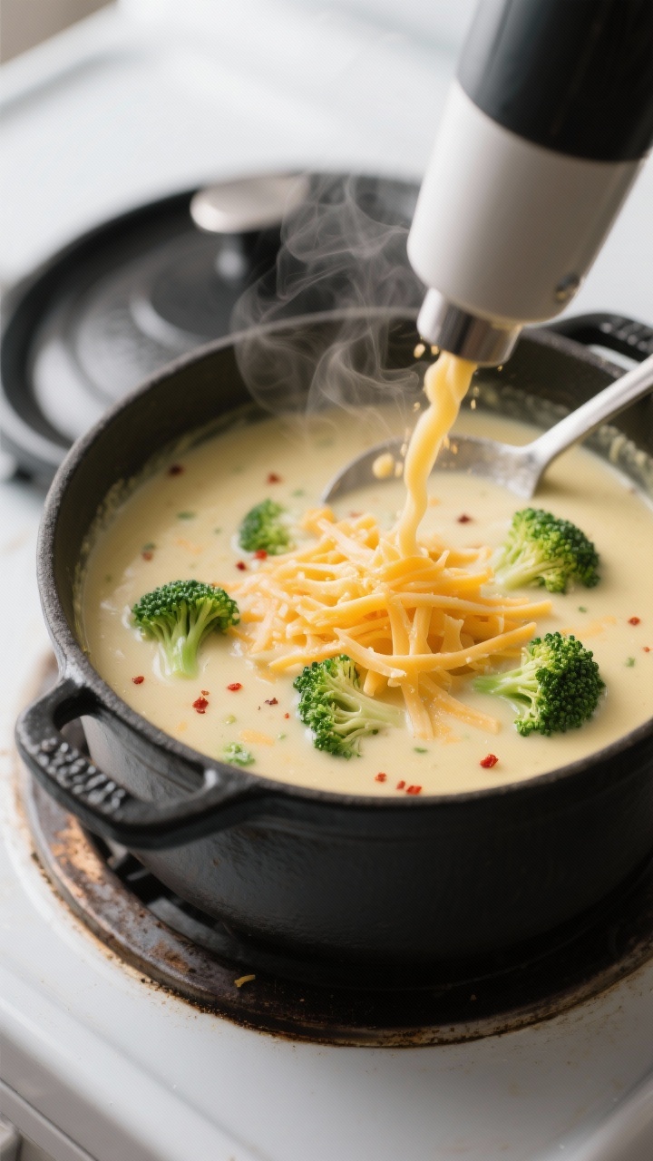 Cooking process, close-up detail: In-pot shot of creamy keto broccoli cheddar soup mid-simmer right 