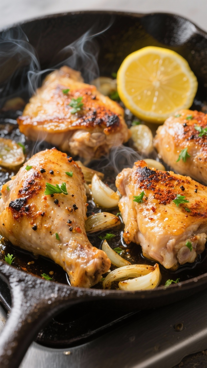 Cooking process, close-up detail: Sizzling lemon-garlic chicken thighs searing in a cast-iron skille