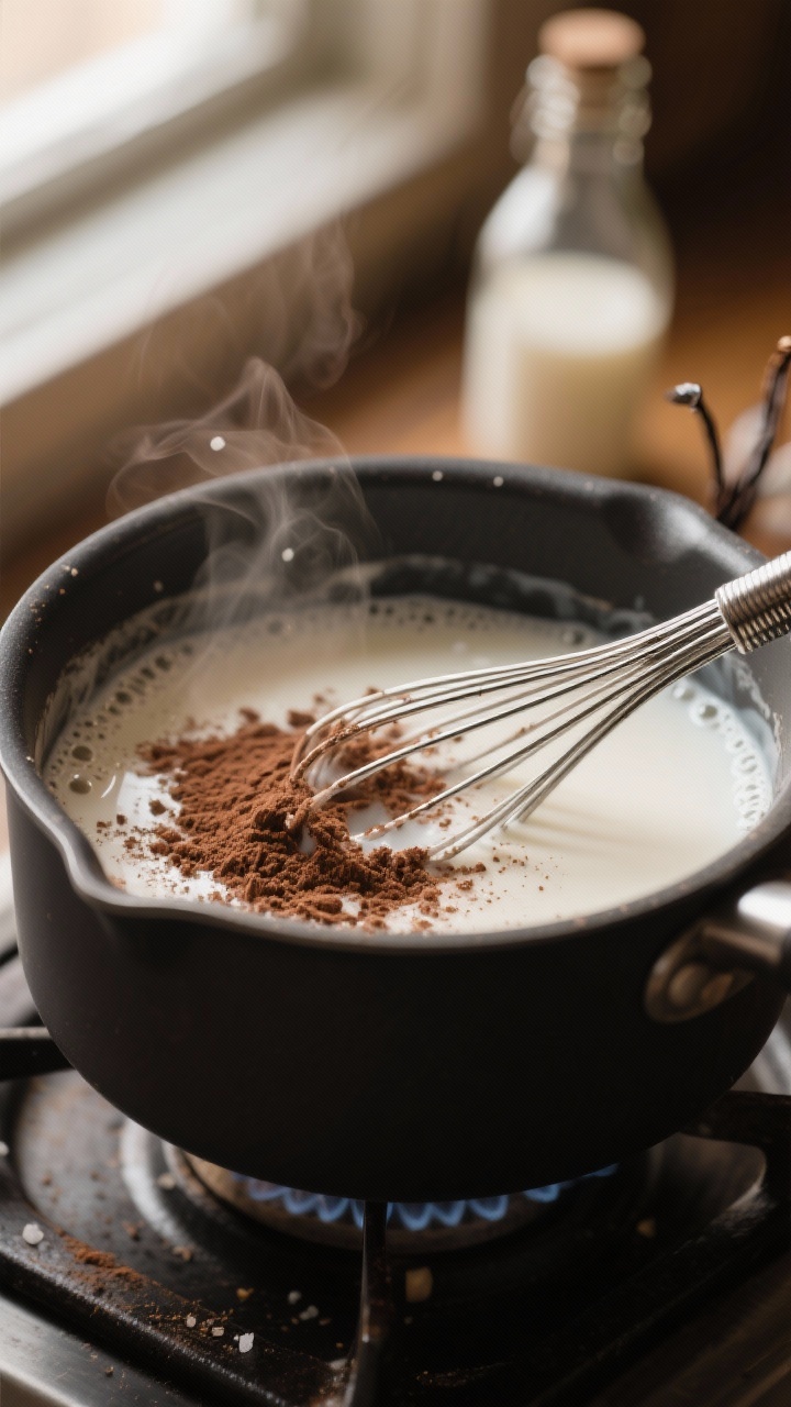 Cooking process, close-up detail: Steaming almond milk in a small matte-black saucepan over medium h
