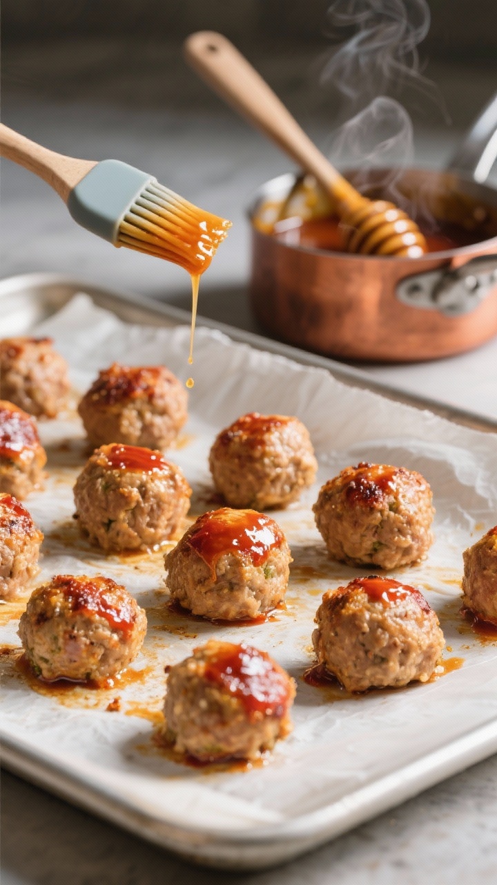 Cooking process: Overhead shot of baked turkey meatballs being returned to a parchment-lined sheet p
